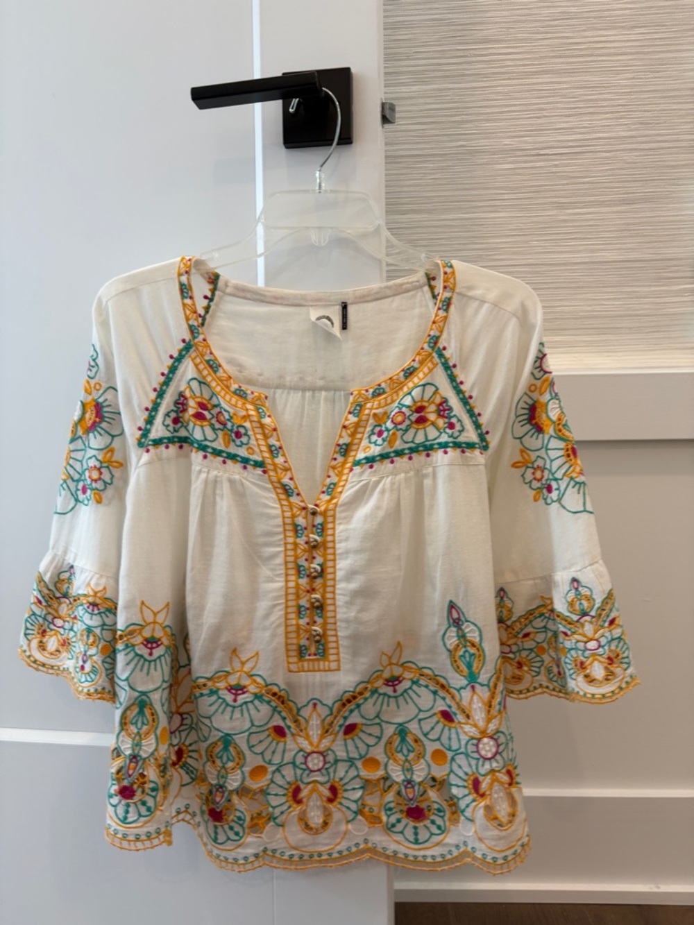 Embroidered Peasant Blouse - Ivory with Teal, Yellow & Pink Accents